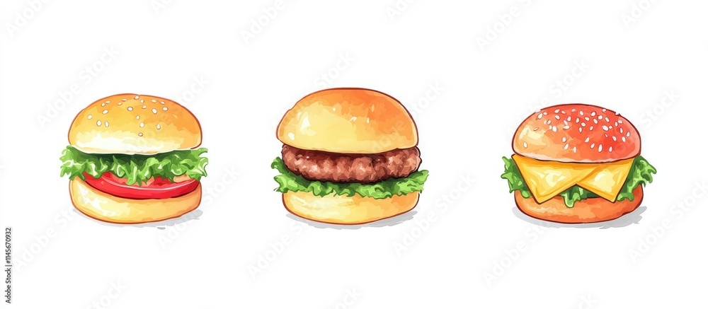 delicious selection of three illustrative meat burgers with fresh ingredients on a clean white background delicious selection of three illustrative meat burgers with fresh ingredients on a clean white background