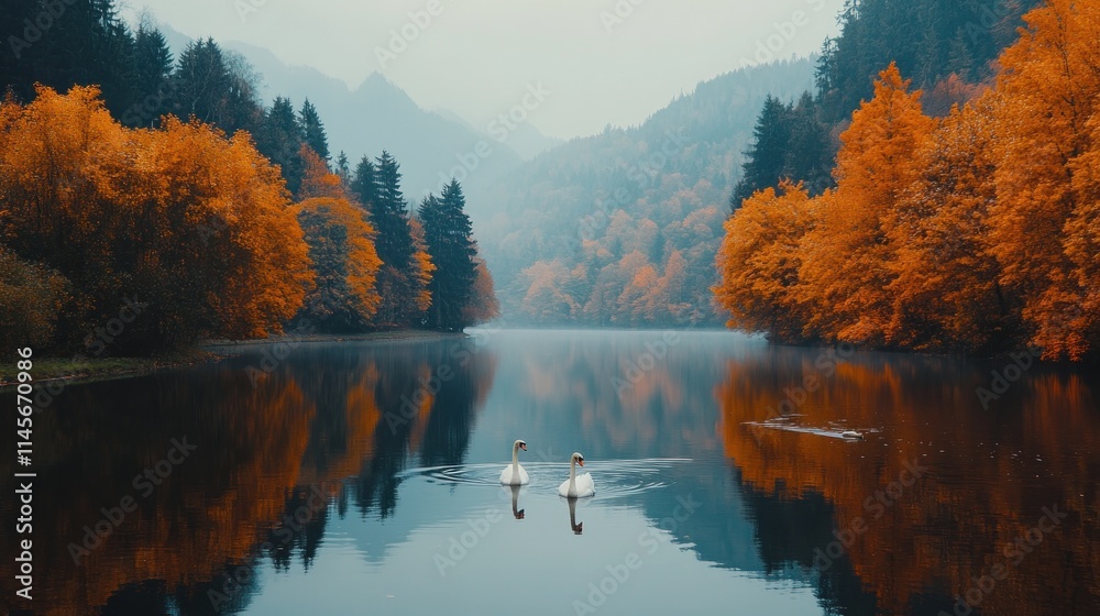 Serene lake scene with swans surrounded by vibrant autumn foliage and misty mountains. Serene lake scene with swans surrounded by vibrant autumn foliage and misty mountains.