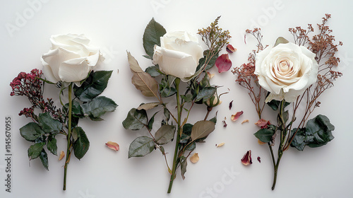 Elegant white roses with green leaves and scattered petals create serene atmosphere. delicate arrangement showcases nature beauty