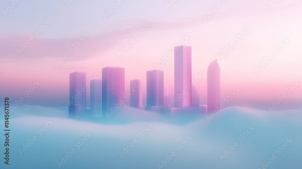 Fototapeta premium A city skyline is shown in a hazy, dreamy atmosphere