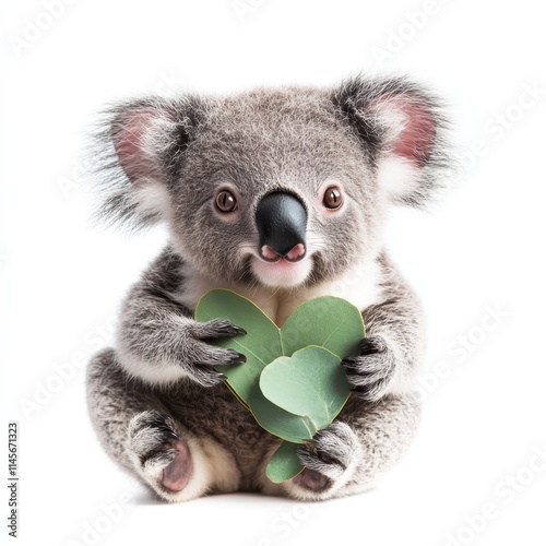 Baby koala holding heart-shaped eucalyptus leaf nature scene high fidelity capture endearing wildlife moment photo