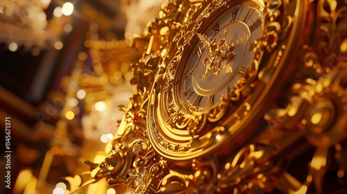 A luxurious golden clock with intricate designs, counting down to midnight on New Yeara??s Eve photo