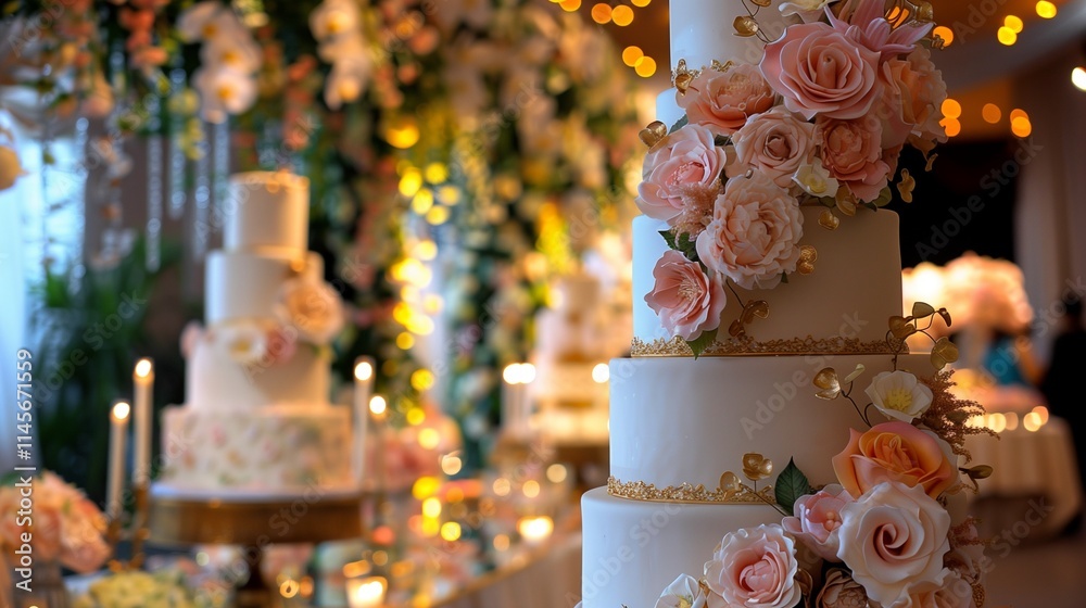 A luxurious wedding cake with tiers of smooth fondant, adorned with soft, vibrant flowers and subtle gold leaf details, creating a timeless and elegant look A luxurious wedding cake with tiers of smooth fondant, adorned with soft, vibrant flowers and subtle gold leaf details, creating a timeless and elegant look