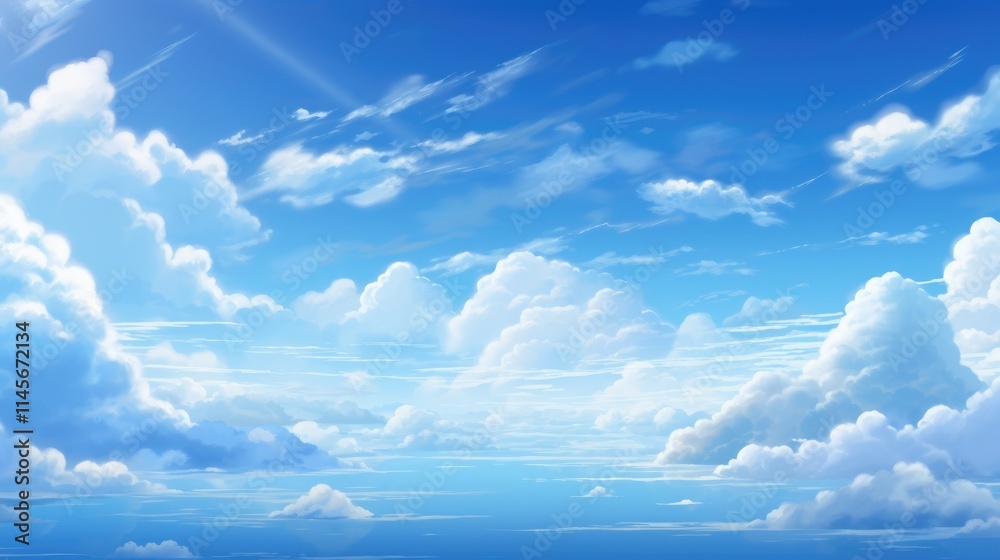 Serene blue sky with soft fluffy clouds and gentle sunlight creating a tranquil and peaceful atmosphere suitable for nature themes Serene blue sky with soft fluffy clouds and gentle sunlight creating a tranquil and peaceful atmosphere suitable for nature themes