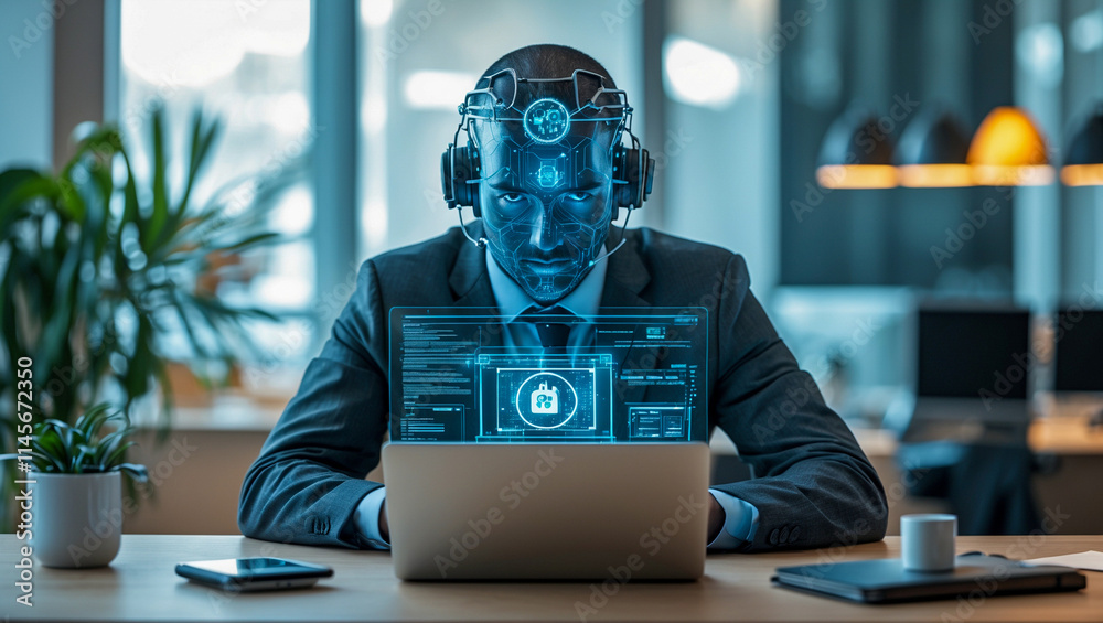Businessman using laptop with futuristic AI interface, showcasing cybersecurity and compliance in modern office environment, reflecting innovation and technology Businessman using laptop with futuristic AI interface, showcasing cybersecurity and compliance in modern office environment, reflecting innovation and technology
