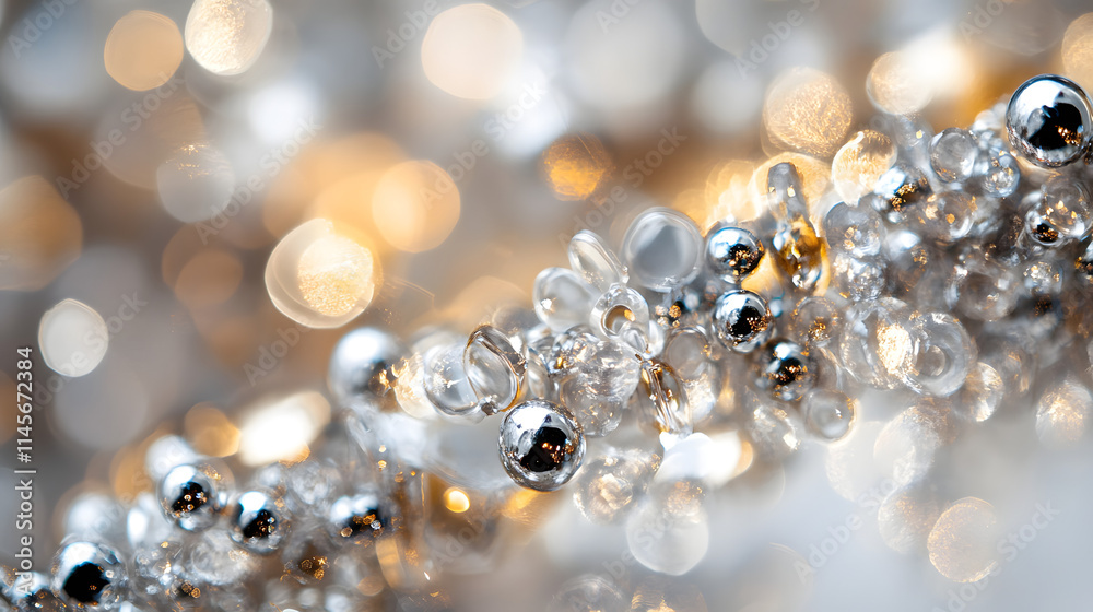 Close-up of shimmering silver and clear beads, bokeh background. Elegant, luxurious feel with warm gold tones. Perfect for holiday or celebratory themes. Close-up of shimmering silver and clear beads, bokeh background. Elegant, luxurious feel with warm gold tones. Perfect for holiday or celebratory themes.
