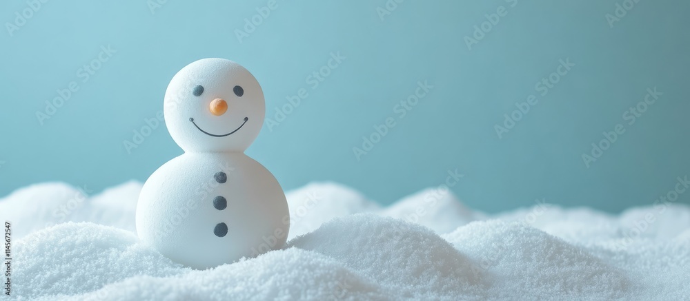Charming snowman figurine surrounded by artificial snow with a soft blue background creating a festive winter atmosphere Charming snowman figurine surrounded by artificial snow with a soft blue background creating a festive winter atmosphere