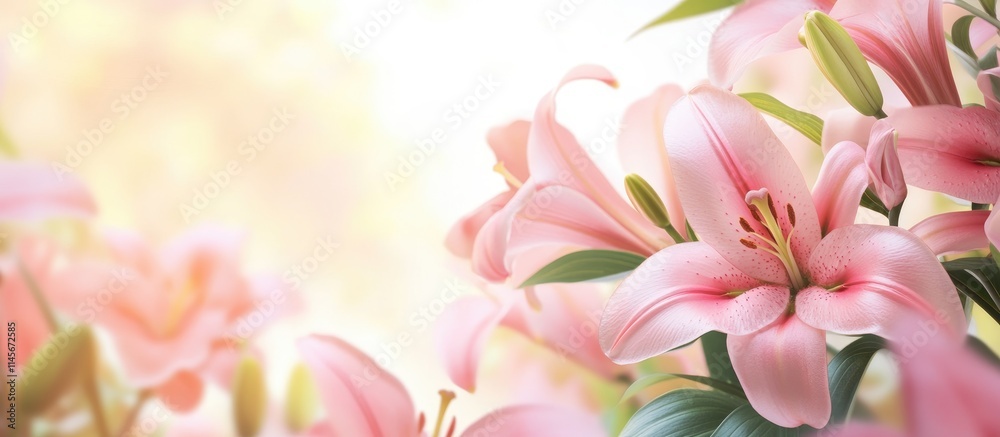 Fototapeta premium Pink lily flower bouquet border with soft pastel background ideal for invitations and elegant design projects featuring ample copy space