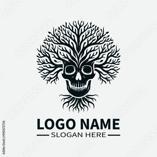 Tree of Life Skull Logo Design, Skull and Tree Symbol Logo, Life and Death Logo, Nature and Mortality Logo, Dark Fantasy Logo. 