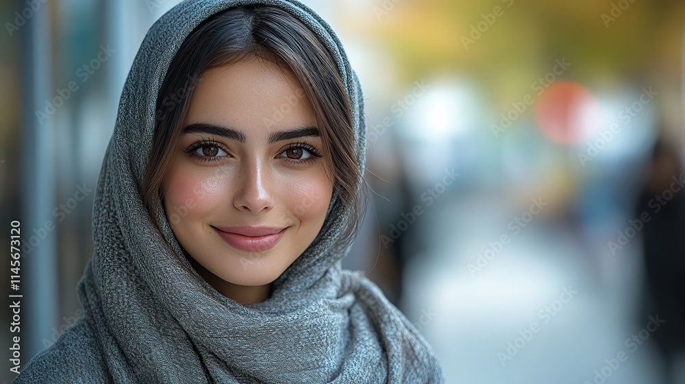 A portrait of a smiling woman in a hijab, symbolizing happiness and pride in her Islamic faith, against a blurred background. A portrait of a smiling woman in a hijab, symbolizing happiness and pride in her Islamic faith, against a blurred background.