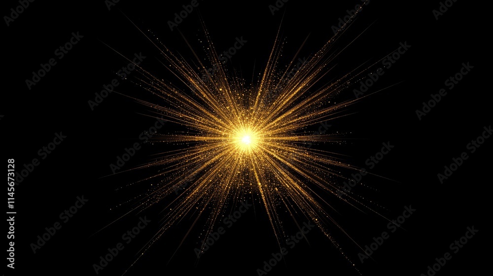 Obraz premium Glowing golden light burst with radiant rays on a black background creating a warm and dramatic visual effect for design projects