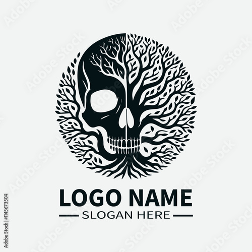 Tree of Life Skull Logo Design, Skull and Tree Symbol Logo, Life and Death Logo, Nature and Mortality Logo, Dark Fantasy Logo. 