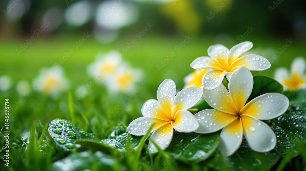 Fototapeta premium Dew Kissed Plumeria Blooms Resting In Lush Green Grass