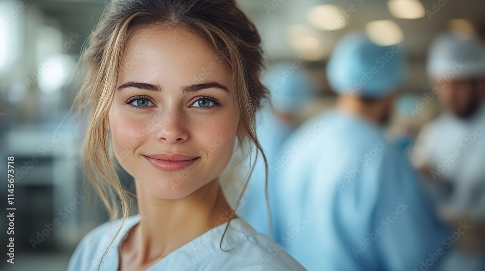Fototapeta premium A portrait of a woman doctor with a healthcare nurse in a hospital, represents career ambition, safety, happiness, surgeons, uniforms, medical professionals, and physicians.