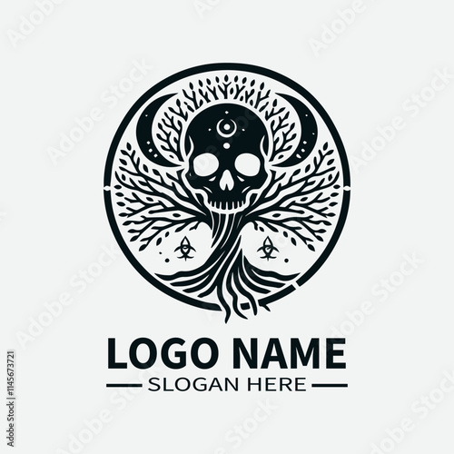 Tree of Life Skull Logo Design, Skull and Tree Symbol Logo, Life and Death Logo, Nature and Mortality Logo, Dark Fantasy Logo. 