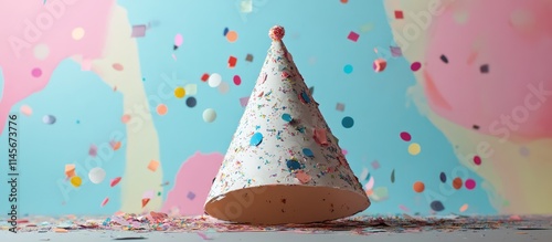 Birthday celebration party hat surrounded by colorful confetti on a vibrant pastel paper backdrop creating a festive atmosphere. photo