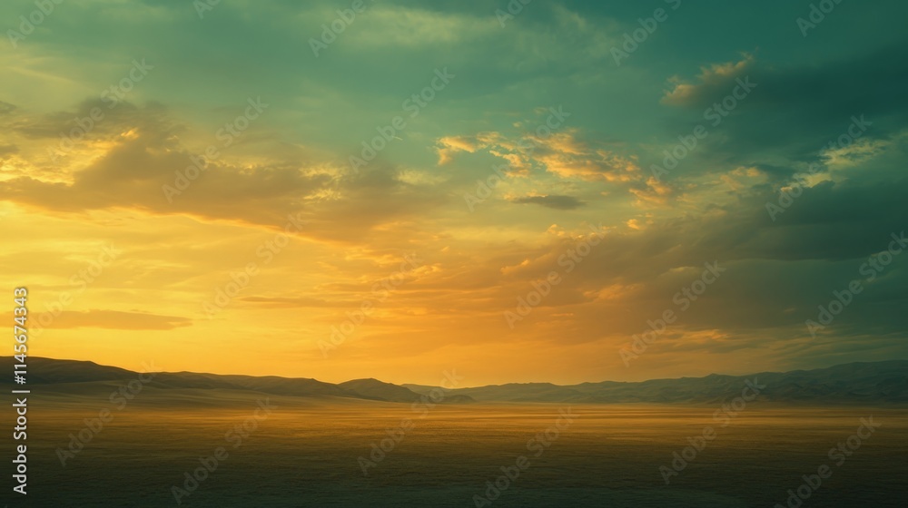 Vast Expanse of Golden Dunes Under Colorful Sky at Sunset Vast Expanse of Golden Dunes Under Colorful Sky at Sunset