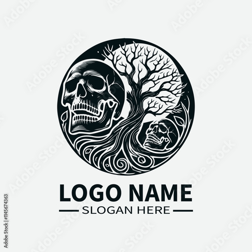 Tree of Life Skull Logo Design, Skull and Tree Symbol Logo, Life and Death Logo, Nature and Mortality Logo, Dark Fantasy Logo. 