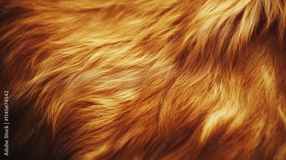 Naklejka premium Close-up of soft, golden fur texture, showcasing its natural sheen and wavy patterns.