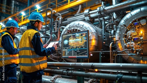 Engineers monitor machinery in a high-tech industrial environment.