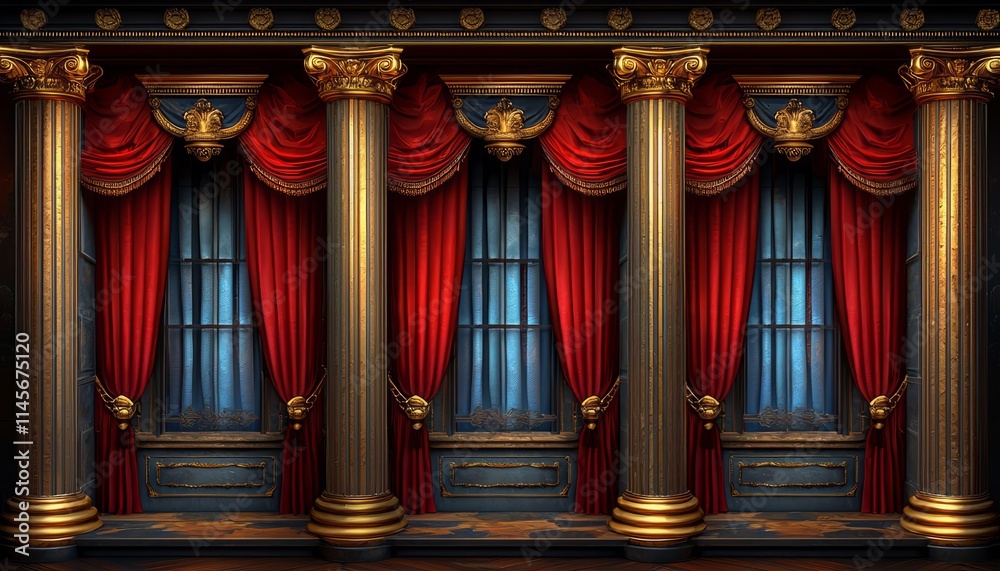 Obraz premium Elegant Gold Columns Frame Red Draped Windows
