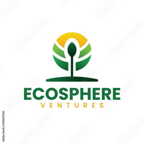 Tree with Circular Sun Behind It in Green and Yellow Logo Design