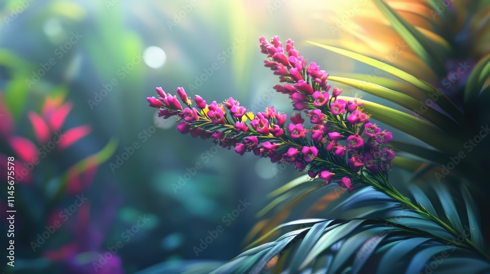 Obraz premium Vibrant false heather plant with tropical flowers amidst lush greenery in a colorful garden setting.