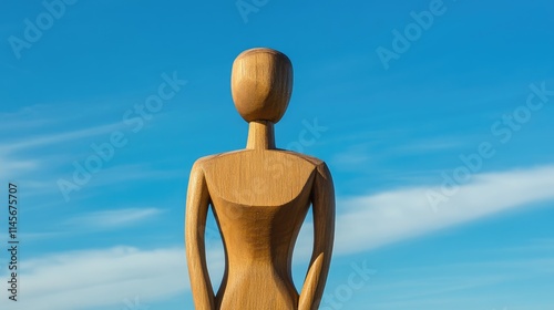 Wooden mannequin silhouette against a clear blue sky showcasing artistic illustration concepts and creative design possibilities. photo