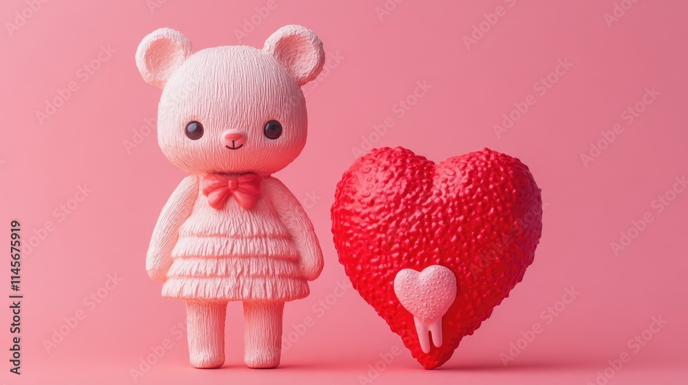 Obraz premium Cute pink bear doll with a red textured heart on a soft pink background ideal for valentine's or children's themed designs and promotions.