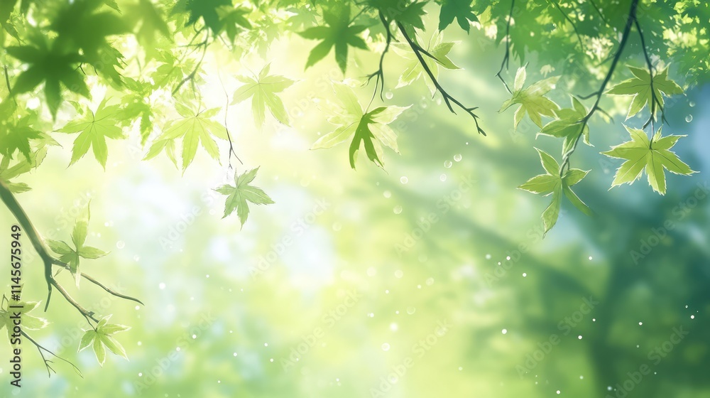 Fresh green maple leaves backlit by soft daylight creating a serene and enchanting natural atmosphere in a forest setting Fresh green maple leaves backlit by soft daylight creating a serene and enchanting natural atmosphere in a forest setting