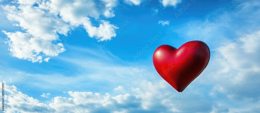 Pierced red heart floating in a blue sky with fluffy white clouds symbolizing love and emotional pain in a serene atmosphere Pierced red heart floating in a blue sky with fluffy white clouds symbolizing love and emotional pain in a serene atmosphere