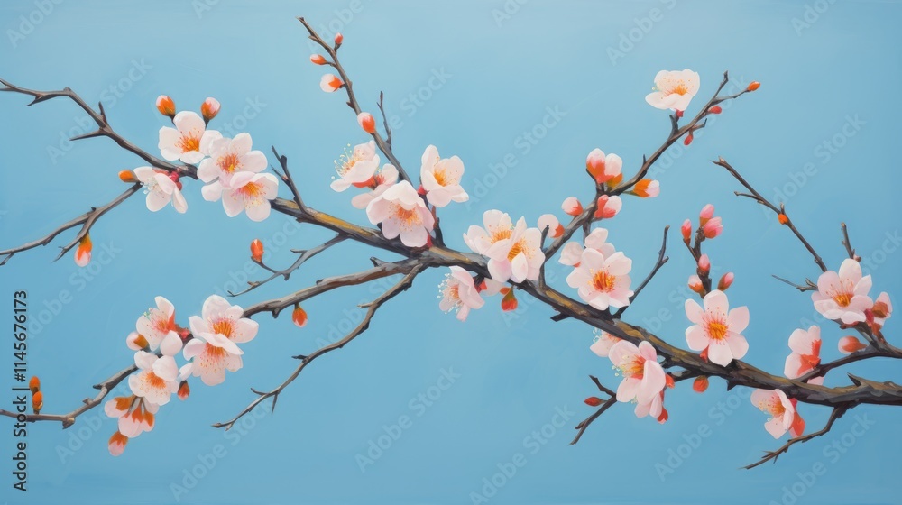 Delicate blooming peach branches with soft pink flowers against a serene blue backdrop showcasing the beauty of springtime. Delicate blooming peach branches with soft pink flowers against a serene blue backdrop showcasing the beauty of springtime.