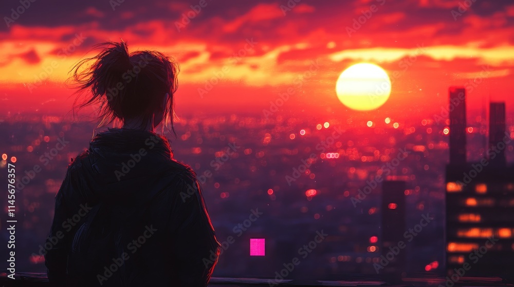 Fototapeta premium Woman watching a vibrant sunset over the city skyline with warm backlight creating a serene and contemplative atmosphere.