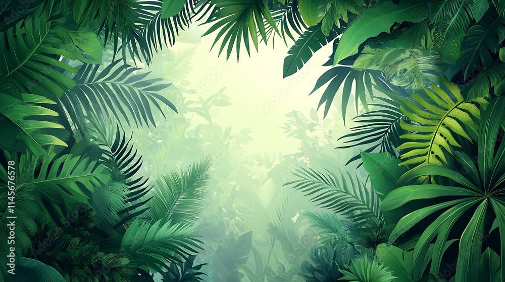 Fototapeta premium Lush Tropical Paradise: Immerse yourself in the vibrant heart of a tropical rainforest, where sunlight filters through a dense canopy of emerald green leaves.