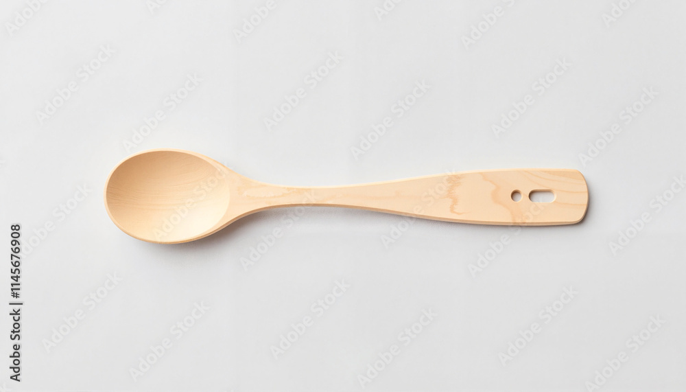 Wooden spoon lying flat on a light surface showcasing its natural grain and design details for kitchen use Wooden spoon lying flat on a light surface showcasing its natural grain and design details for kitchen use