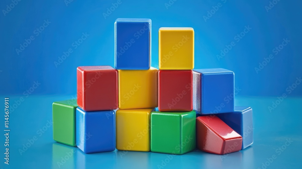 Colorful plastic building blocks arranged creatively against a blue background symbolizing creativity and childhood development. Colorful plastic building blocks arranged creatively against a blue background symbolizing creativity and childhood development.