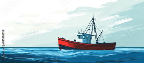 Fishing boat navigating calm ocean waters under a serene sky in a vintage-inspired illustration style conveying tranquility and adventure. photo