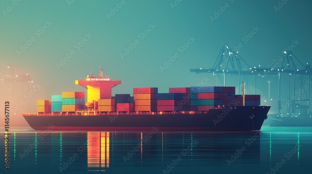 Obraz premium Cargo container ship navigating port waters at dawn highlighting smart logistics and maritime trade industry concepts