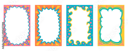 Wavy scallop border shapes. Rectangle fun psychedelic hand drawn frame. Doodle cute design for text photo and picture. Groovy child template. Y2K decorative blank. Vector