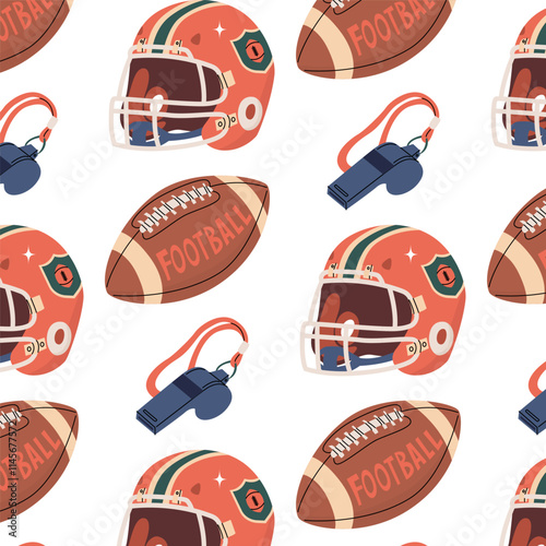 Endless seamless pattern for american football. Image of whistle, ball and helmet. Sports equipment. Vector illustration isolated on transparent background.