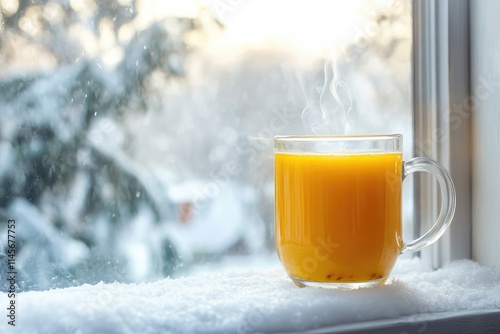 Warm drink steaming on snowy windowsill winter scene photo