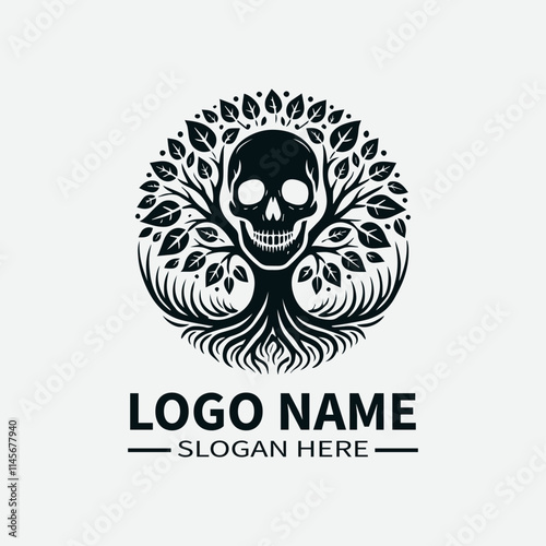 Tree of Life Skull Logo Design, Skull and Tree Symbol Logo, Life and Death Logo, Nature and Mortality Logo, Dark Fantasy Logo. 