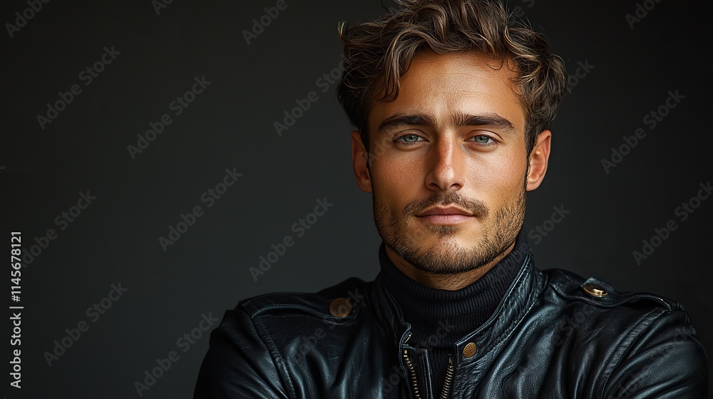 Fototapeta premium A relaxed man in a stylish leather jacket poses in a studio, representing a creative worker in a trendy company.