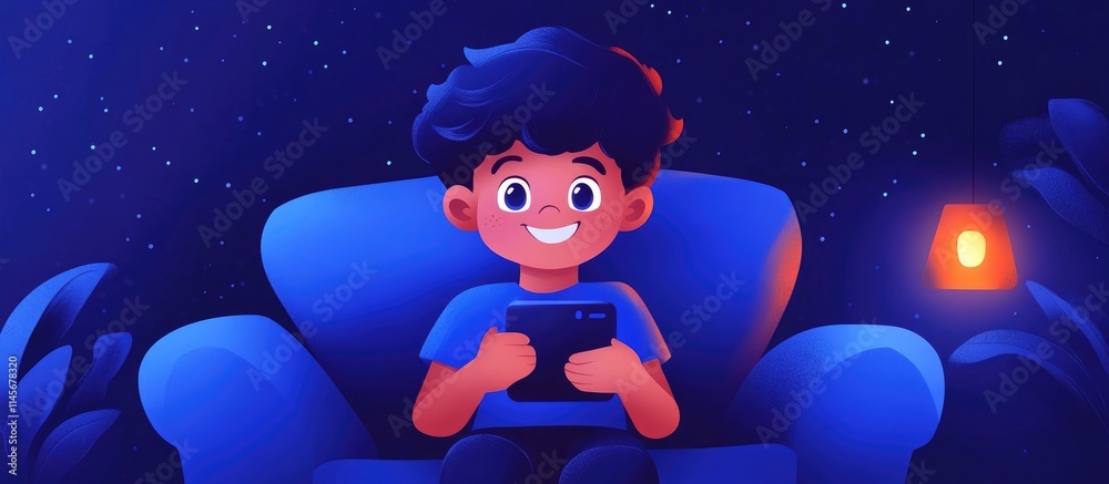 Elementary school boy enjoying smartphone use on sofa, illustrating themes of childhood, technology, and leisure in a cozy evening setting Elementary school boy enjoying smartphone use on sofa, illustrating themes of childhood, technology, and leisure in a cozy evening setting