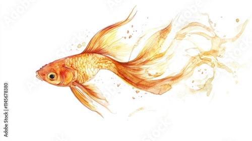 Golden fish illustration with flowing fins on a white background artistic rendering for decor or aquatic themes. photo