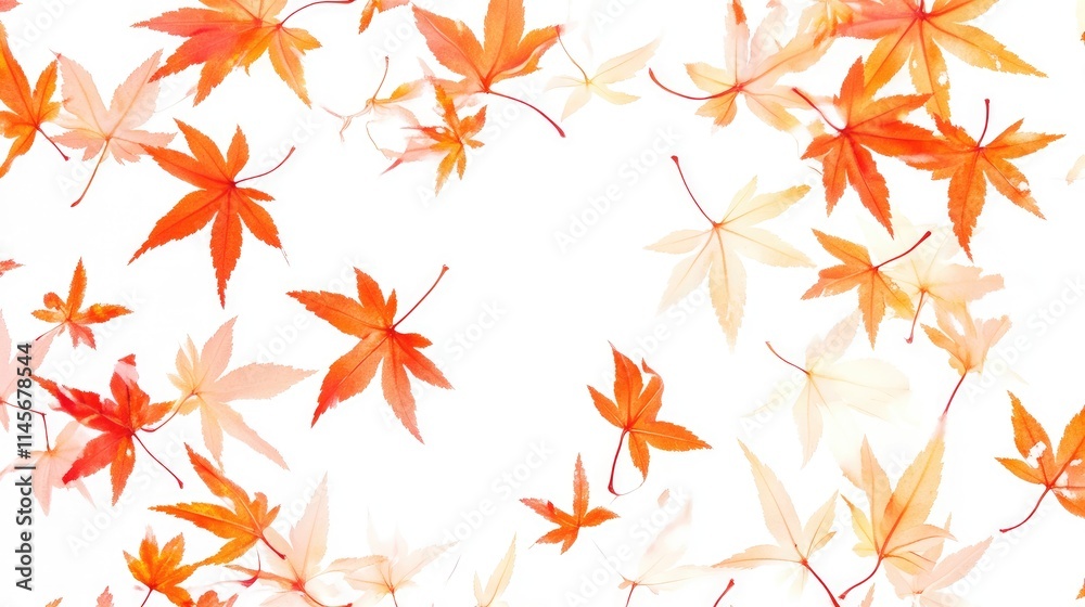 Autumn maple leaves scattered on a white background showcasing vibrant colors and seasonal beauty in a serene composition Autumn maple leaves scattered on a white background showcasing vibrant colors and seasonal beauty in a serene composition