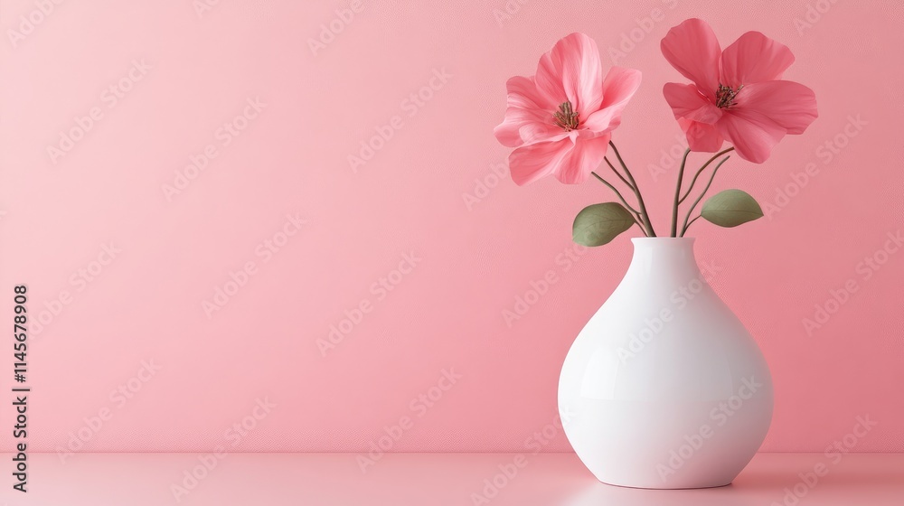 Modern minimalist decor featuring a white vase with pink flowers against a soft pink wall in a stylish living room setting. Modern minimalist decor featuring a white vase with pink flowers against a soft pink wall in a stylish living room setting.