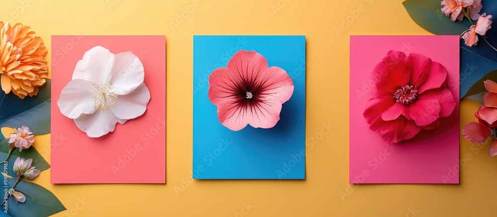 Naklejka premium Colorful blank cards adorned with vibrant floral designs on a bright background for invitations or greeting cards inspiration.