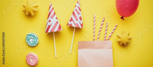 Colorful birthday party accessories on a bright yellow background including hats, sweets, and a gift bag creating a festive celebration vibe photo