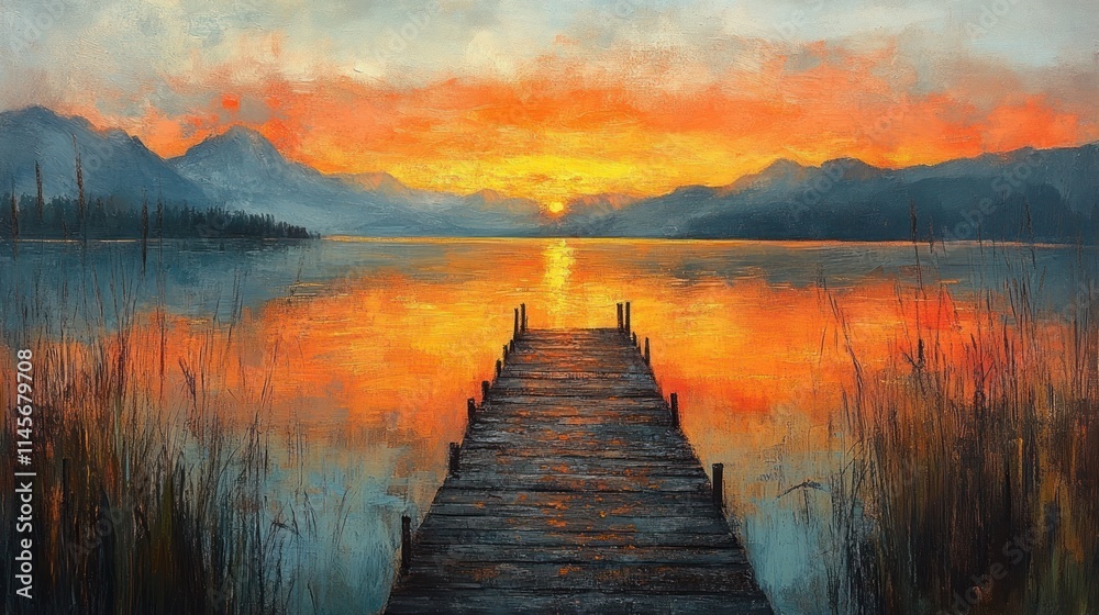 Fototapeta premium Serene sunset over a lake with a wooden pier.